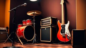 Schlagzeug, E-Gitarre, Mikrofon und Verstärker in einem Proberaum