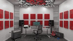 Homestudio mit roten Akustikpaneelen, Monitoren und Mischpult