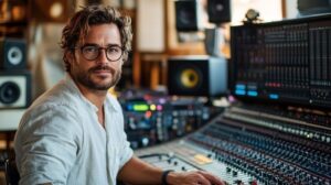 Musikproduzent vor Mischpult und Monitoren im Tonstudio