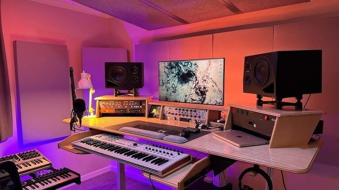 Beleuchtetes Heimstudio mit Monitoren, Synthesizern und Mischpult
