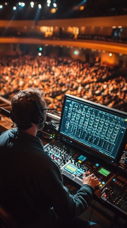 Tontechniker mischt ein Konzert vor großem Publikum am digitalen Mischpult